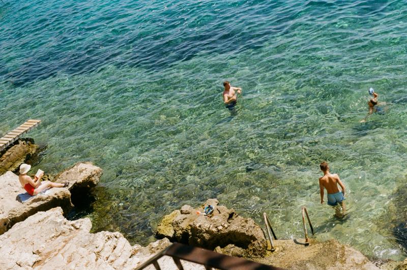 A family of four play in the shallows.