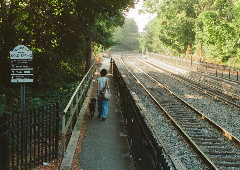 Woman and dog walk alongside some train tracks.