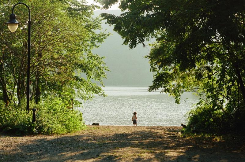 A child stands at the edge of the water, surrounded by trees.